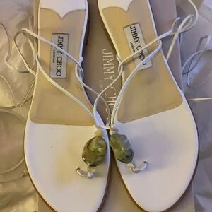NEW JIMMY CHOO lace up leg white leather sandals with natural stone 39.5 9 9.5